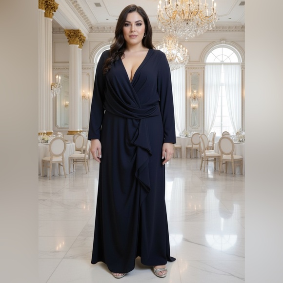 New Betsy & Adam Navy "Elle" Long Sleeve Side Ruffled Slit Gown Size 14 - Picture 3 of 15